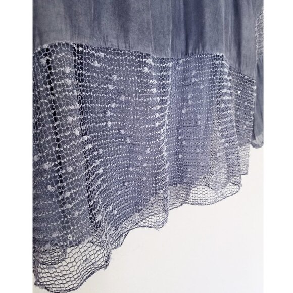 Saks Fifth Avenue Silk Blend Blouse S Blue Gray Crochet Sequins Italy Lagenlook - Picture 7 of 16